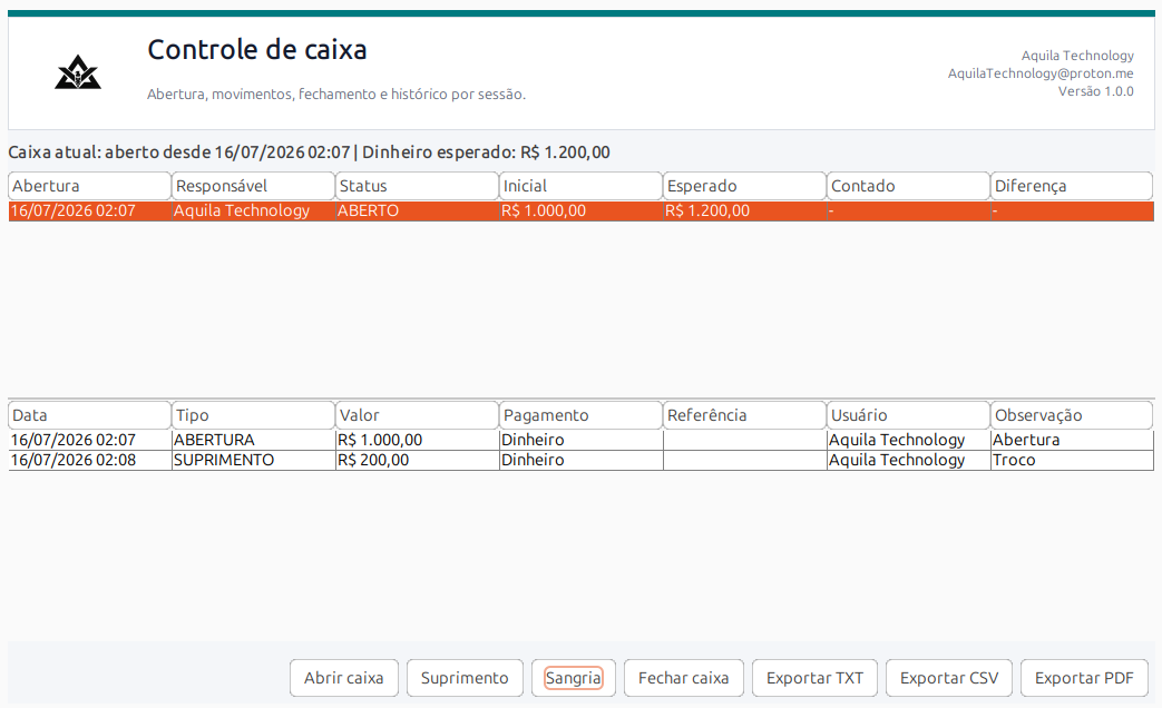 Tela de controle de caixa