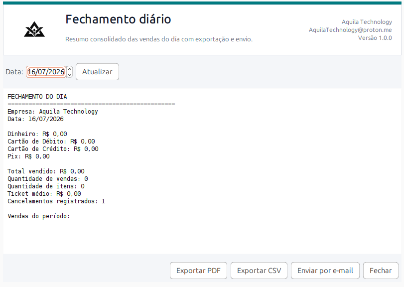 Tela de fechamento diário